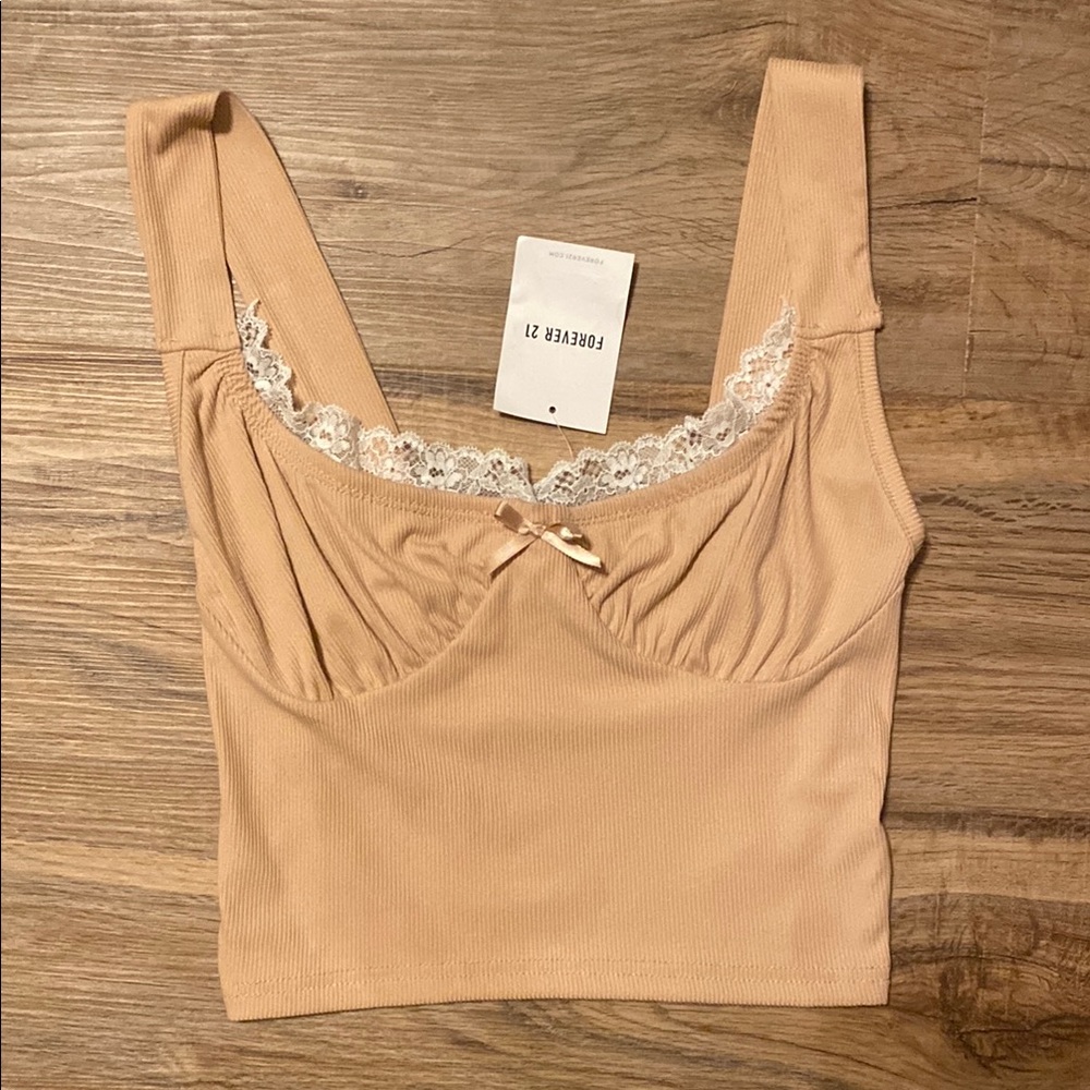 Nude Ribbed Lace Cropped Tank